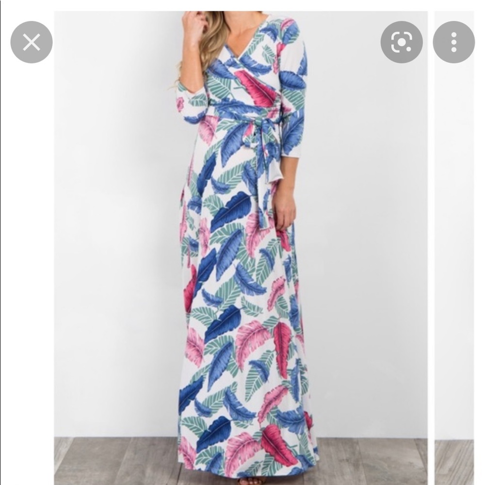 Pink Blush Maternity Wrap Dress Tropical Palm Print Large EUC